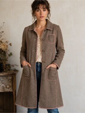 Burning Torch Narcissus Herringbone Coat Pink Contrast Stitch Jacket Medium